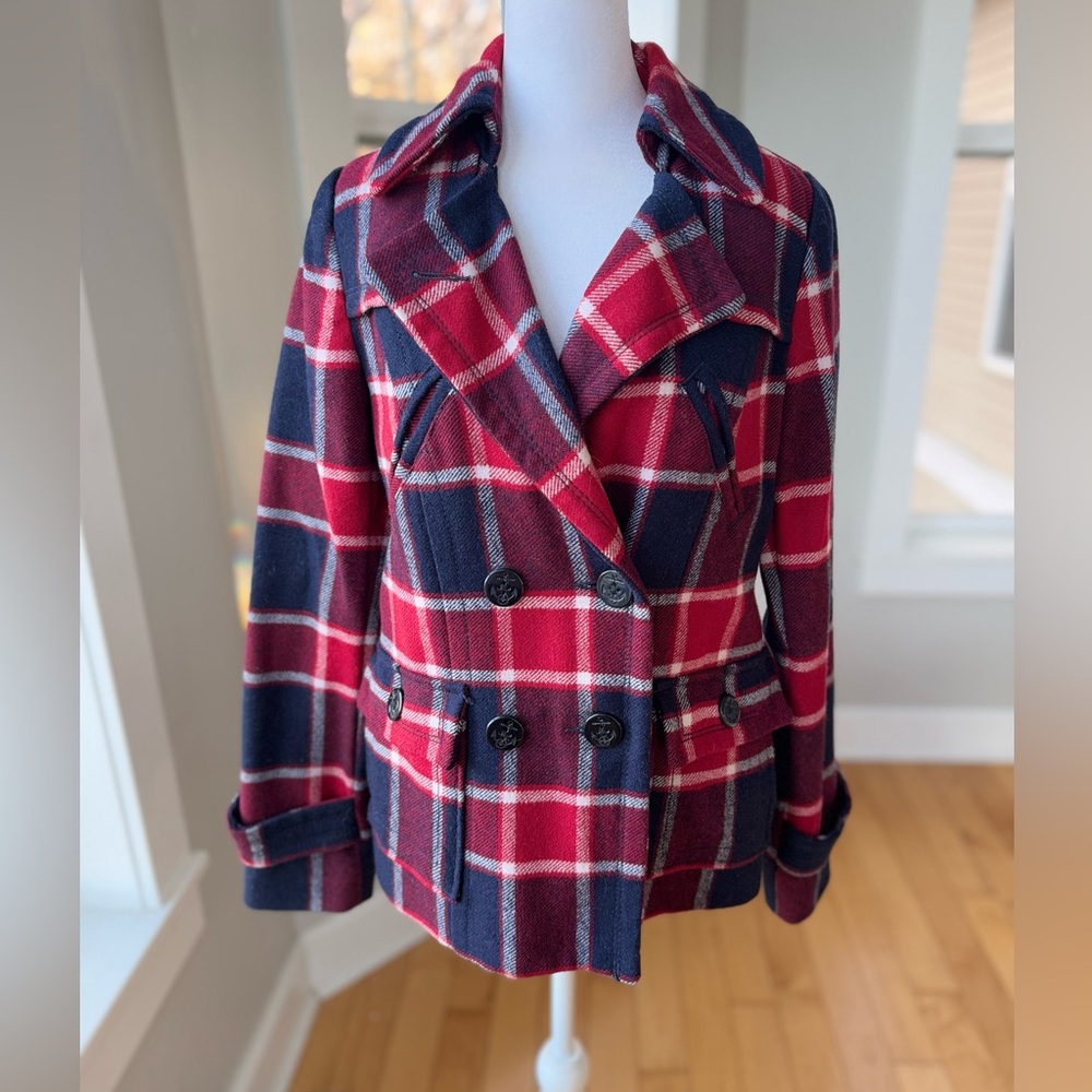 Vintage American Eagle Red Navy Blue Plaid Wool Peacoat Nautical Jacket Sz S